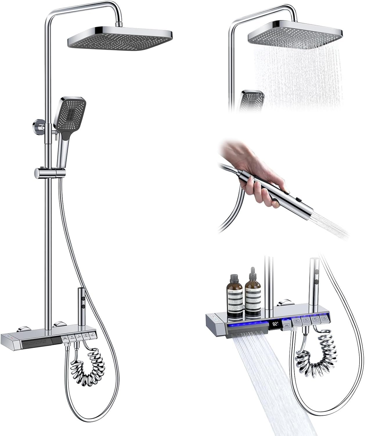 61FqVu1ypuL._AC_SL1500_.jpg Lefton Shower System with Temperature Display in Fahrenheit and Dual Shower Head, Waterfall Shower Faucet Set with Spray Gun, 5-in-1 Control System, SST2206 (Chrome) - Image 1