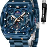 OLEVS Men Watches Business Dress Chronograph Big Square Quartz Analog Male Watch Silicone Strap Waterproof Date Gift Mens Wrsit Watch Silver