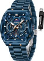 OLEVS Men Watches Business Dress Chronograph Big Square Quartz Analog Male Watch Silicone Strap Waterproof Date Gift Mens Wrsit Watch Silver