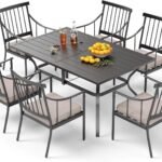 PHI VILLA 7 Piece Outdoor Dining Set with Cushion, 60” Rectangular Metal Dining Table with Umbrella Hole & 6 Cushioned Iron Chairs for Patio, Deck, Yard