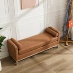 Aoiy & Wifon 66.34" W End of Bed Bench, King Size Upholstered Bench with Pillows for Bedroom/Entryway/Living Room, Leather, Brown - Image 2