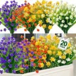 TURNMEON 20 Bundles Artificial Flowers for Outdoors, Artificial Fake Plants UV Resistant Outdoor Faux Plants Cemetery Flowers Plastic Greenery for Gardens Porch Home Summer Spring Decor 580 Heads