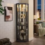 Corner Curio Cabinet, 70" H Lighted Glass Display Cage with Tempered Glass Doors and 5 Adjustable Shelves, Light Bulb Inclued, Wine Bar China Cabinet for Living Room (Black) - Image 3