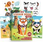 Animals Reusable Sticker Book for Toddlers, DIY Make-a-face Animals Jelly Fun 3D Stickers, Washable Puffy Stickers for Kids Toys, Airplane Road Trip Travel Activities Essentials for Kids 3 4 5 Years