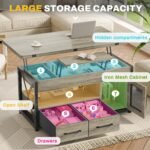 Itaar 40" Lift Top Coffee Table, 4 in 1 Coffee Tables with Storage Cabinet for Living Room, Small Farmhouse Coffee Table with 2 Fabric Drawers & LED Light for Dining Room, Grey - Image 3