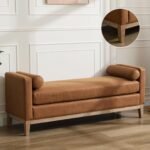 Aoiy & Wifon 66.34" W End of Bed Bench, King Size Upholstered Bench with Pillows for Bedroom/Entryway/Living Room, Leather, Brown