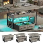 Itaar 40" Lift Top Coffee Table, 4 in 1 Coffee Tables with Storage Cabinet for Living Room, Small Farmhouse Coffee Table with 2 Fabric Drawers & LED Light for Dining Room, Grey