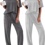 Ekouaer 2 Pack Womens Pajama Sets Short Sleeve Tops and Long Pants Casual Comfy Pjs Lounge Set with Pockets,S-XXL