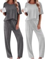 Ekouaer 2 Pack Womens Pajama Sets Short Sleeve Tops and Long Pants Casual Comfy Pjs Lounge Set with Pockets,S-XXL