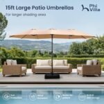 PHI VILLA 15ft Large Patio Umbrellas with Base Included, Outdoor Double-Sided Rectangle Big Market Umbrella with Stand, Outside Umbrellas for Poolside Lawn Backyard, Beige - Image 2
