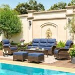 HILLGA Luxury Patio Furniture Set with 6-inch Thick Cushion, Outdoor Couch and High Back Swivel Rocker Patio Chairs, 7PCS Wicker Conversation Set for Deck Yard and Poolside, Blue (V2)