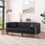 FOTOSOK 78'' Couch Sofa, Black Couches for Living Room, Comfy Sofas Faux Leather Sofa 3 Seater Couches with 2 Throw Pillows and Gold Metal Legs, Deep Seat Sofas for Home, Office (Black) - Image 3